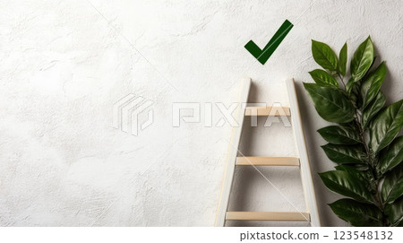 A white ladder features a prominent green checkmark, symbolizing achievement and ongoing tasks, set against a clean background 123548132
