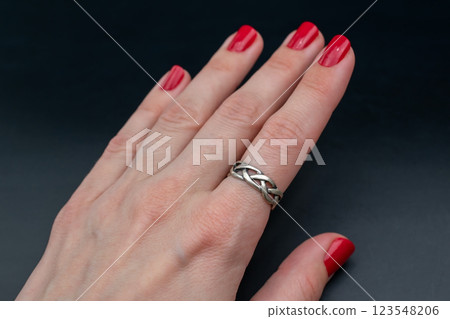 Statement ring for women on a black background, fine jewelry concept,  promotional photo for an online vintage and handmade jewelry store 123548206
