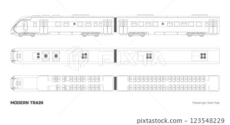 Outline drawing of modern train passenger seat map. Locomotive model top and side view. Rail transport interior scheme. Isolated line express Outline drawing of modern train passenger seat map. Locomotive model top and side view. Rail transport interior scheme. Isolated line express 123548229