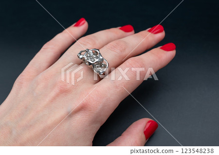 Statement ring for women on a black background, fine jewelry concept,  promotional photo for an online vintage and handmade jewelry store 123548238