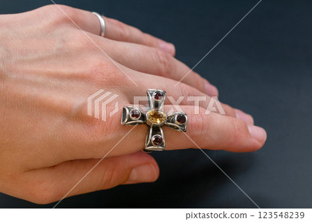 Statement ring for women on a black background, fine jewelry concept,  promotional photo for an online vintage and handmade jewelry store 123548239