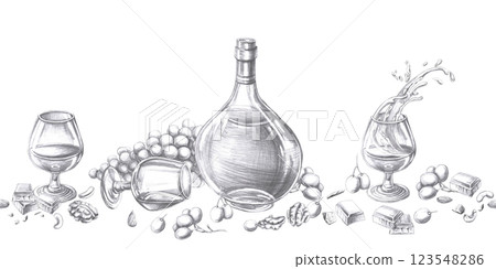 Seamless border with glasses of cognac, bottle and various snacks. Isolated pencil illustration on alcohol theme for restaurant interior design, menu, culinary magazines. Seamless border with glasses of cognac, bottle and various snacks. Isolated pencil illustration on alcohol theme for restaurant interior design, menu, culinary magazines. 123548286