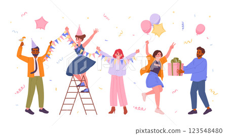 Birthday party celebration. People dancing and having fun together, friends celebration party flat vector illustration. Celebrating characters on white 123548480