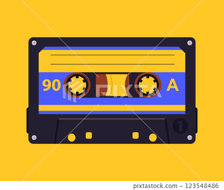 Cartoon retro music cassette poster. Audio tape backdrop, pop music album tape design flat vector background illustration. Old school music audio tape 123548486