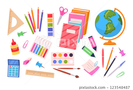 Cartoon school supplies. Stationery and study supplies, ruler, pencil, calculator and globe flat vector illustration set. Back to school symbols 123548487