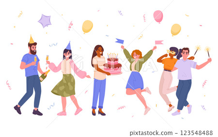 Celebrating characters. People dancing and having fun together, friends celebration party flat vector illustration. Anniversary or Birthday party celebration 123548488
