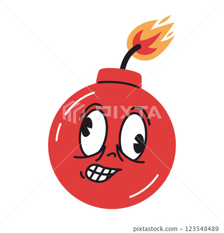 Comic bomb character. Funny red bomb mascot, comic bombshell with burning wick flat vector illustration. Cartoon bomb with comical face emotions 123548489
