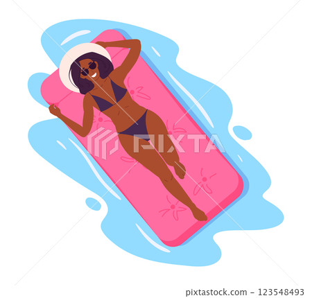 Girl floating on inflatable mattress. Female character swimming on pink inflatable mattress in ocean or swimming pool flat vector illustration. Woman relaxing on rubber mattress 123548493