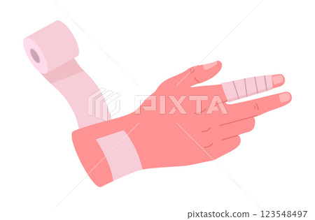 Injured hand. Cartoon first aid for body skin trauma, medical treatment for arm injury flat vector illustration. Injured human hand and medical treatment 123548497