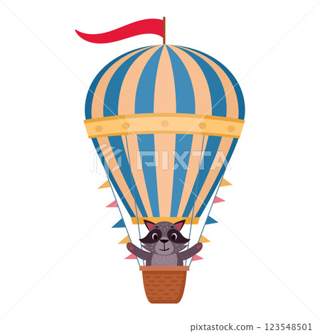 Raccoon fly on hot air balloon. Cartoon retro flying hot air balloon with cute animal on board flat vector illustration. Cute raccoon character flying on air transport 123548501