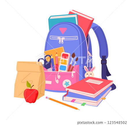 School backpack with school supplies. Cartoon colorful school bag, notebooks and breakfast bag flat vector illustration. School supplies on white School backpack with school supplies. Cartoon colorful school bag, notebooks and breakfast bag flat vector illustration. School supplies on white 123548502