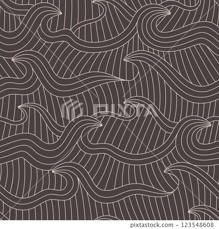 Hand drawn linear river, waves, ocean, sea seamless pattern. Simple line dark water flow background. 123548608