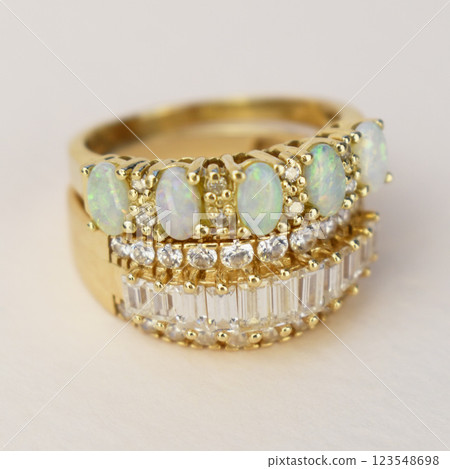 Statement ring for women on a white background, fine jewelry concept,  promotional photo for an online vintage and handmade jewelry store 123548698