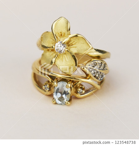 Statement ring for women on a white background, fine jewelry concept,  promotional photo for an online vintage and handmade jewelry store 123548738