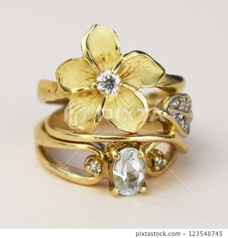 Statement ring for women on a white background, fine jewelry concept,  promotional photo for an online vintage and handmade jewelry store 123548745