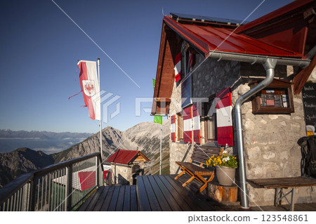 Bettelwurf hut at Karwendel mountains on Karwendel Hohenweg in Austria Bettelwurf hut at Karwendel mountains on Karwendel Hohenweg in Austria 123548861