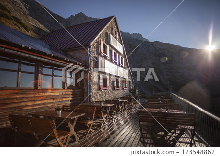 Bettelwurf hut at Karwendel mountains on Karwendel Hohenweg in Austria Bettelwurf hut at Karwendel mountains on Karwendel Hohenweg in Austria 123548862