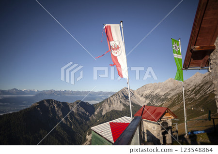 Bettelwurf hut at Karwendel mountains on Karwendel Hohenweg in Austria Bettelwurf hut at Karwendel mountains on Karwendel Hohenweg in Austria 123548864