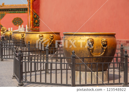 Forbidden City golden water vessels with lion head handles, Beijing, China Forbidden City golden water vessels with lion head handles, Beijing, China 123548922