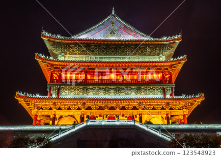 Illuminated Bell Tower temple of Xi'an, night scene, Xian, Shaanxi province, China Illuminated Bell Tower temple of Xi'an, night scene, Xian, Shaanxi province, China 123548923