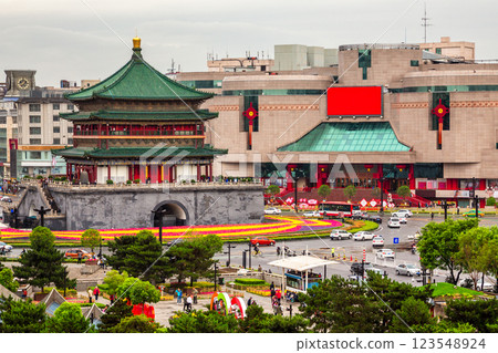 Central city square with green park and Bell Tower temple, Xian, Shaanxi province, China Central city square with green park and Bell Tower temple, Xian, Shaanxi province, China 123548924