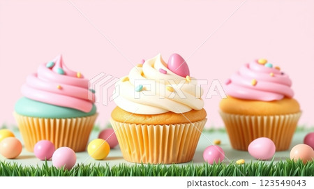 Three decorated Easter cupcakes and sweet eggs on pink background. springtime bakery muffins 123549043