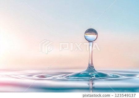 Stunning Water Drop in Circular Wave Ripples Reflecting Light Against a Bokeh Background 123549137
