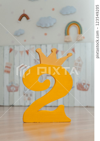 yellow number two on the background of children's stickers. children's photo zone for birthday yellow number two on the background of children's stickers. children's photo zone for birthday 123549205
