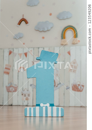blue number one on the background of children's stickers. children's photo zone for birthday blue number one on the background of children's stickers. children's photo zone for birthday 123549206