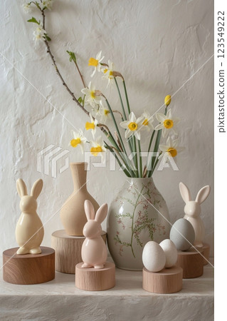 Easter bunnies in pastel colors with painted eggs and spring flowers on the table, interior Easter decor for the Easter holiday, 3D visualization. 123549222