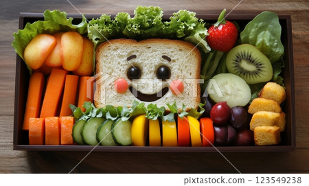 Childs lunch box featuring a fun arrangement of healthy foods, including a smiling sandwich.  123549238