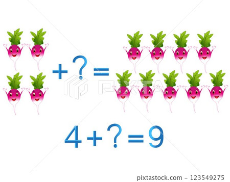Educational games for children, mathematical addition, example with radishes. 123549275