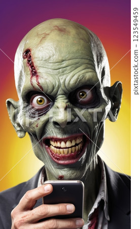 Zombie Addiction Engrossed in Smartphone, Brainrot Concept 123549459