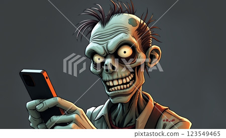 Zombie Addiction Engrossed in Smartphone, Brainrot Concept Zombie Addiction Engrossed in Smartphone, Brainrot Concept 123549465
