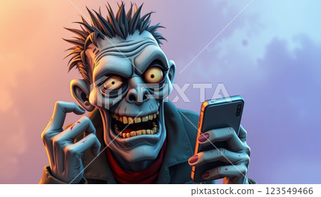 Zombie Addiction Engrossed in Smartphone, Brainrot Concept 123549466