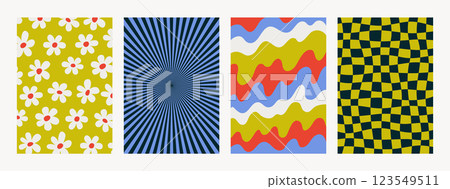 Abstract psychedelic retro pattern set. Groovy backgrounds in retro colors. Trendy funky vector textures in abstract y2k style. Vector graphic for posters and art prints. Abstract psychedelic retro pattern set. Groovy backgrounds in retro colors. Trendy funky vector textures in abstract y2k style. Vector graphic for posters and art prints. 123549511