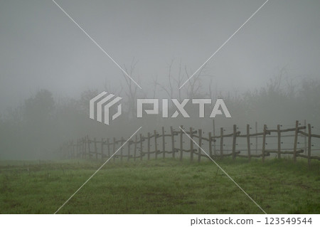 Ethereal foggy morning with wooden fence in a countryside landscape 123549544