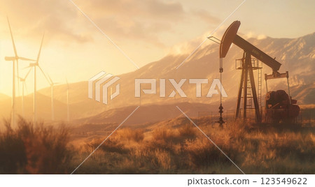 Oil pump in a field at sunset with wind turbines in the background, silhouettes, energy industry background 123549622