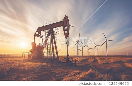 Oil pump in a field at sunset with wind turbines in the background, silhouettes, energy industry background 123549623