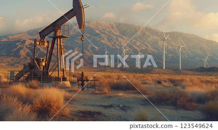 Oil pump in a field at sunset with wind turbines in the background, silhouettes, energy industry background 123549624