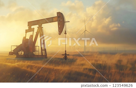 Oil pump in a field at sunset with wind turbines in the background, silhouettes, energy industry background 123549626