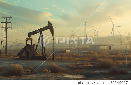 Oil pump in a field at sunset with wind turbines in the background, silhouettes, energy industry background Oil pump in a field at sunset with wind turbines in the background, silhouettes, energy industry background 123549627