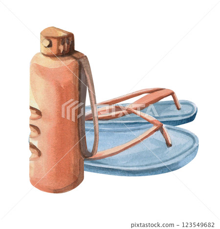 Composition of sports water bottle and flip flops. Isolated watercolor illustration of beach theme for design of tourist brochures, sports shops, printing on postcards Composition of sports water bottle and flip flops. Isolated watercolor illustration of beach theme for design of tourist brochures, sports shops, printing on postcards 123549682