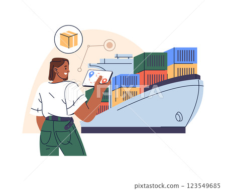 Ship with containers and woman using mobile app for parcel tracking. Vector illustration for freight delivery and logistics, maritime transportation. Shipping network and global trade. Sea cargo. 123549685