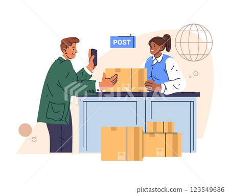 Customer receiving parcel from postal service. Vector symbol for shipping and logistics, package delivery. Order handling to recipient or package handover. Commerce and transport, purchase and mail. 123549686
