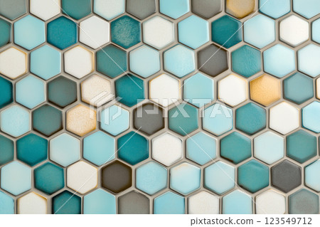 Modern Abstract Honeycomb Mosaic Pattern on White Background in Polygons and Geometric Shapes 123549712