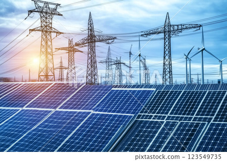 Clean Energy Concept with Solar Panels and Wind Turbines at Sunset with Electricity Pylons 123549735