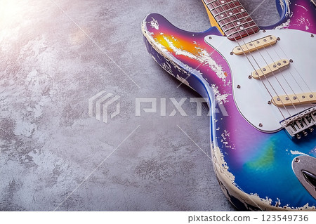 Colorful Guitar on Textured Background for Music and Creative Party Concept Imagery 123549736