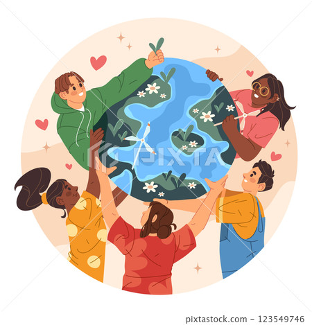 Vector eco illustration with people holding Earth. Global sustainability and environment, nature care poster. Planet protection and green energy sign. Ecology unity, activism, climate change, recycle 123549746