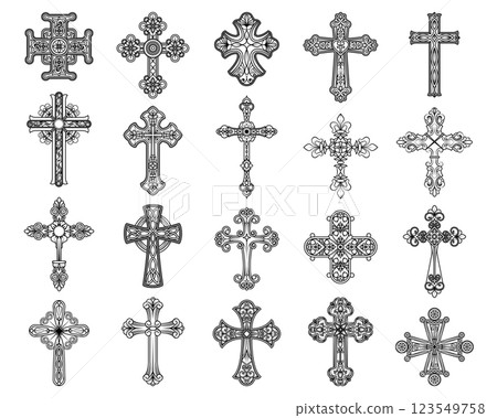 Catholic cross vector icon set. Religious christian symbol. Faith collection of crucifix or holy emblem, spiritual sign for devotion and prayer, worship. Sacred decoration for church and theology. Catholic cross vector icon set. Religious christian symbol. Faith collection of crucifix or holy emblem, spiritual sign for devotion and prayer, worship. Sacred decoration for church and theology. 123549758
